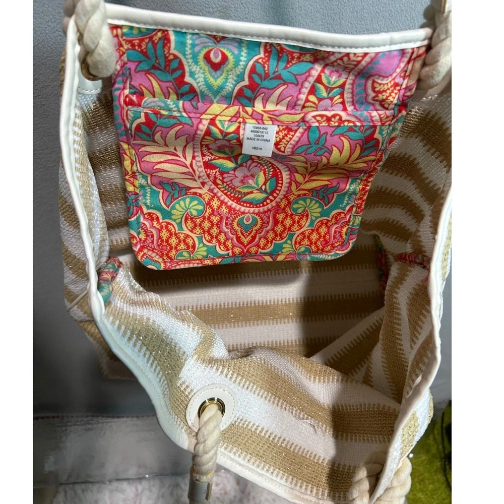 Vera Bradley Tote Bag Tan White Striped Woven Straw Rope Handle Coastal Boho